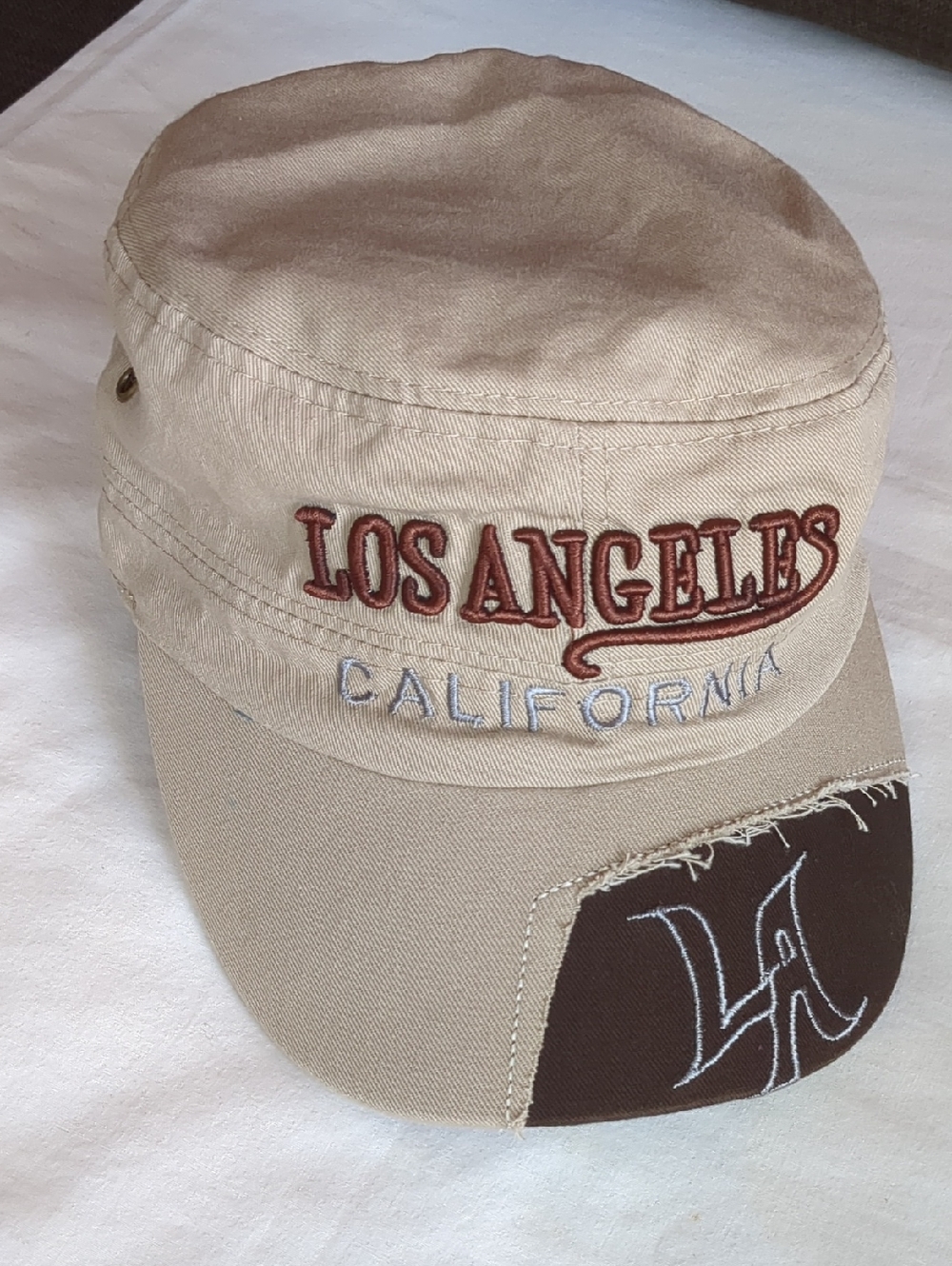 Los Angeles Beige Embroidery Military Cadet/Army Womens Flat Top Cap